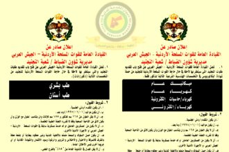 اعلان عن تجنيد صادرعن القيادة العامة للقوات المسلحة الأردنية/ الجيش العربي مديرية شؤون الضباط / شعبة التجنيد