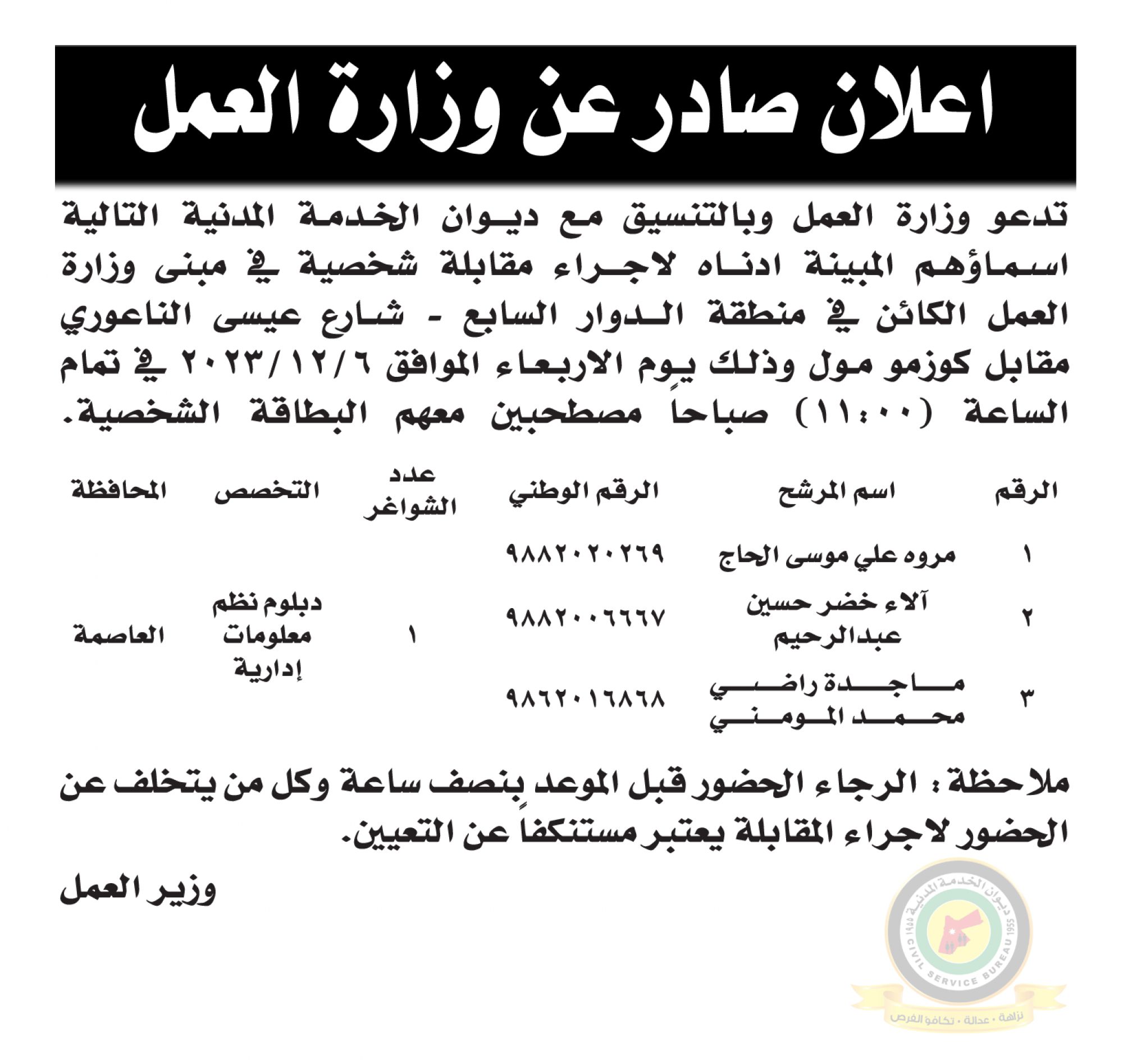 اعلان مقابلة شخصية يوم الخميس الموافق 7-12-2023 في تمام الساعة التاسعة والنصف صباحا صادرعن مؤسسة التدريب المهني