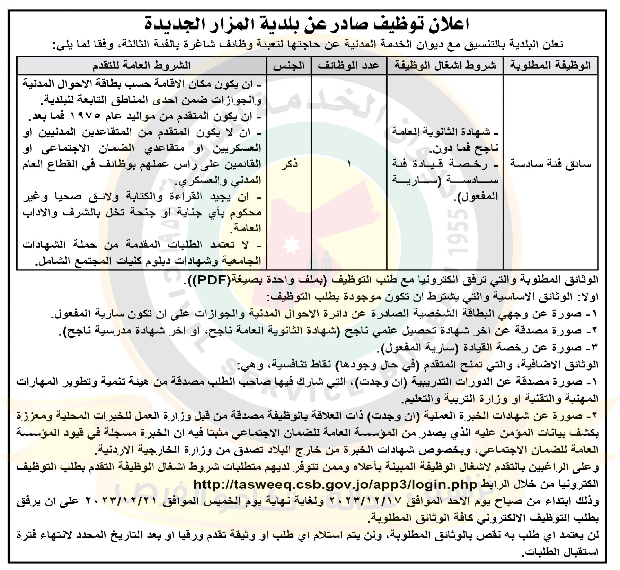 اعلان توظيف صادر عن بلدية المزار الجديدة
