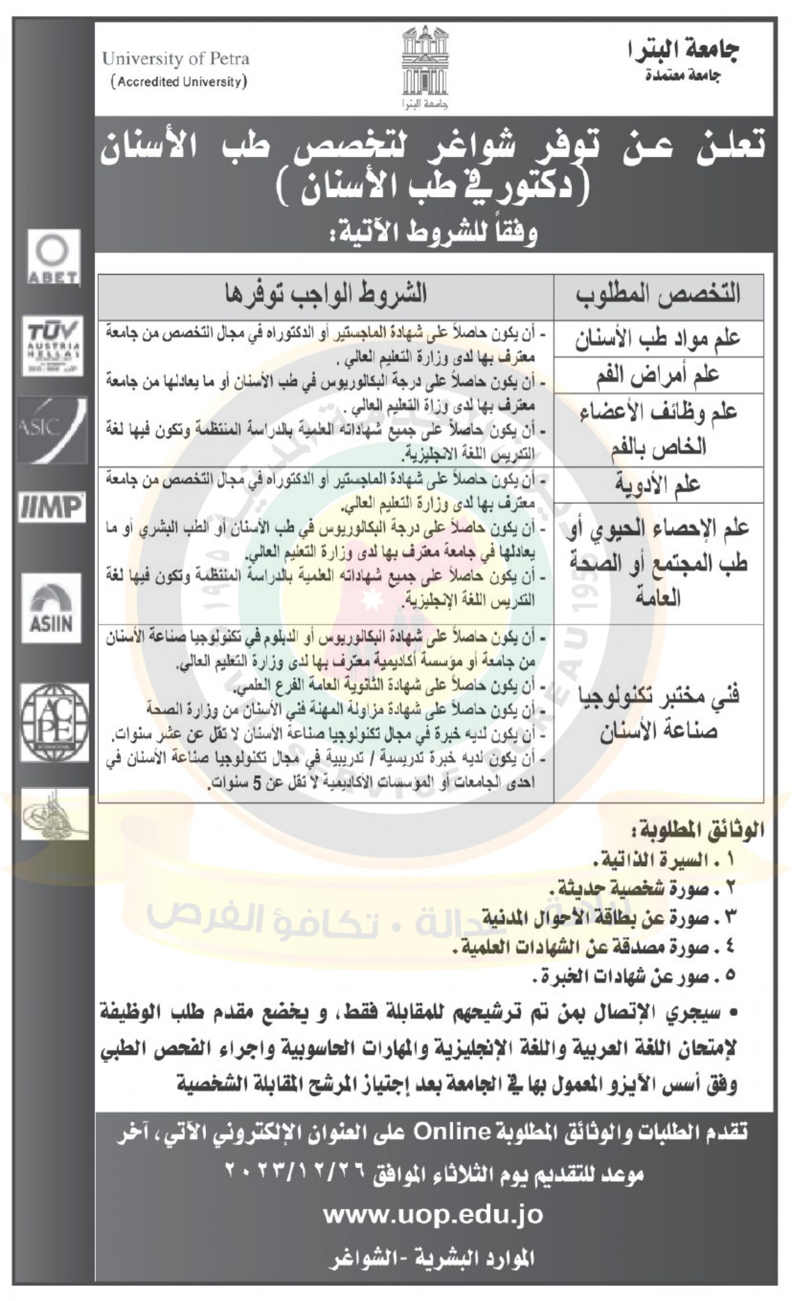 اعلان وظائف شاغرة صادر عن جامعة البترا