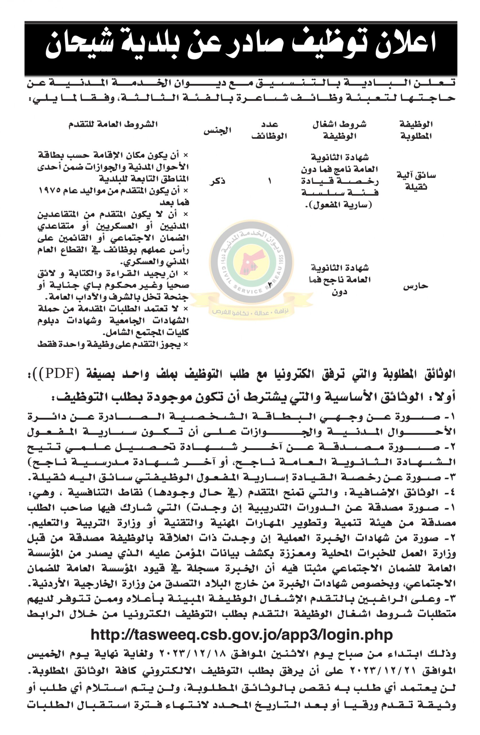 اعلان وظائف شاغرة بالفئة الثالثة صادرعن بلدية شيحان