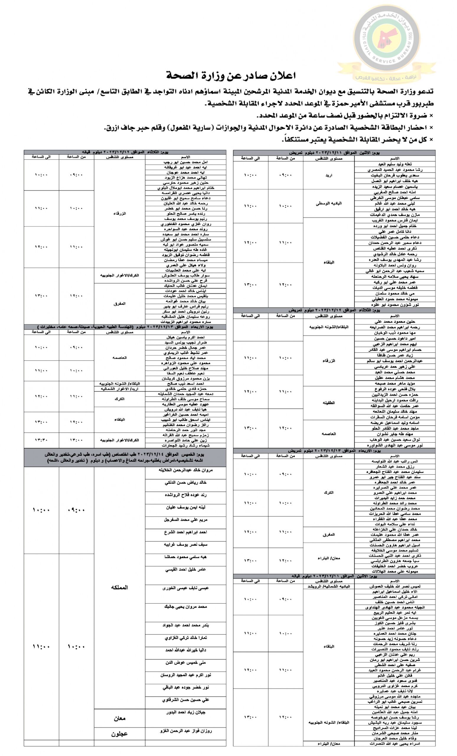اعلان مقابلة شخصية صادرعن وزارة الصحة