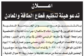 اعلان مقابلات صادر عن هيئة تنظيم قطاع الطاقة والمعادن