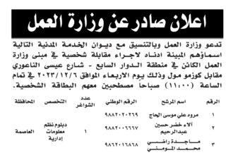 اعلان مقابلة شخصية يوم الاربعاء الموافق 6-12-2023 في تمام الساعة الحادية عشرصباحا صادر عن وزارة العمل