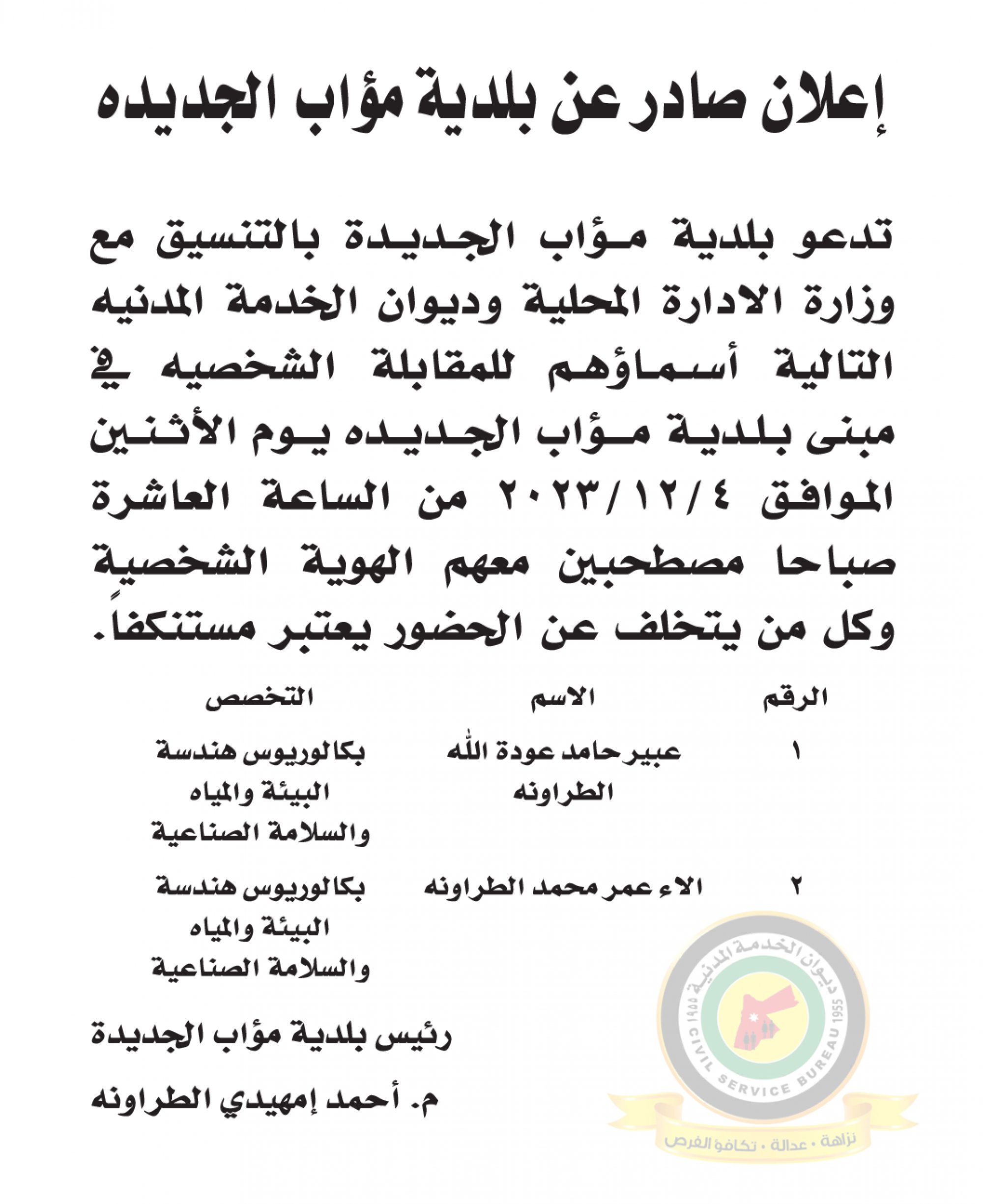 اعلان مقابلة شخصية يوم الاثنين الموافق 4-12-2023 في تمام الساعة العاشرة صباحا صادرعن بلدية مؤاب الجديدة