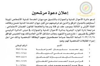 اعلان مقابلة شخصية يوم الخميس الموافق 28-12-2023 في تمام الساعة التاسعة صباحا صادر عن دائرة الأحوال المدنية والجوازات