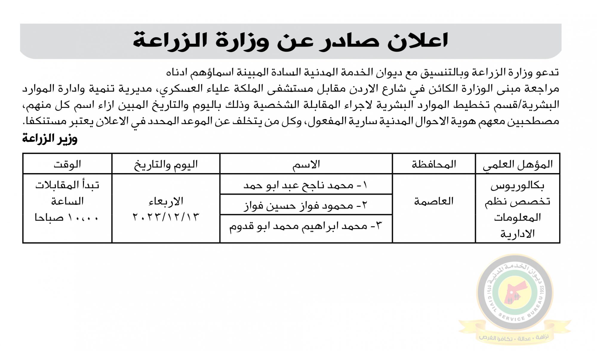اعلان مقابلة شخصية يوم الاربعاء الموافق 13-12-2023 تبدأ المقابلات في تمام الساعة العاشرة صباحا صادر عن وزارة الزراعة