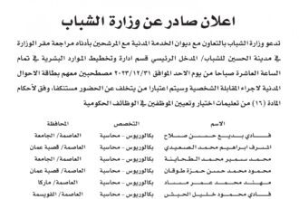 اعلان مقابلة شخصية يوم الأحد الموافق 31-12-2023 في تمام الساعة العاشرة صباحا صادر عن وزارة الشباب