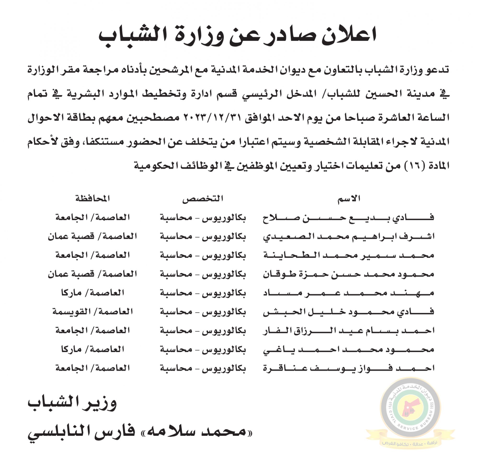 اعلان مقابلة شخصية يوم الأحد الموافق 31-12-2023 في تمام الساعة العاشرة صباحا صادر عن وزارة الشباب
