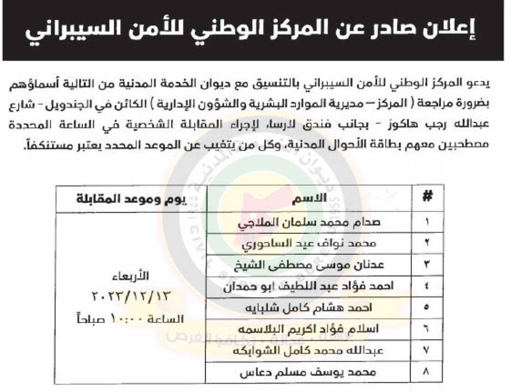 اعلان مقابلات شخصية صادر عن المركز الوطني للامن السيبراني بتاريخ 13/12/2023