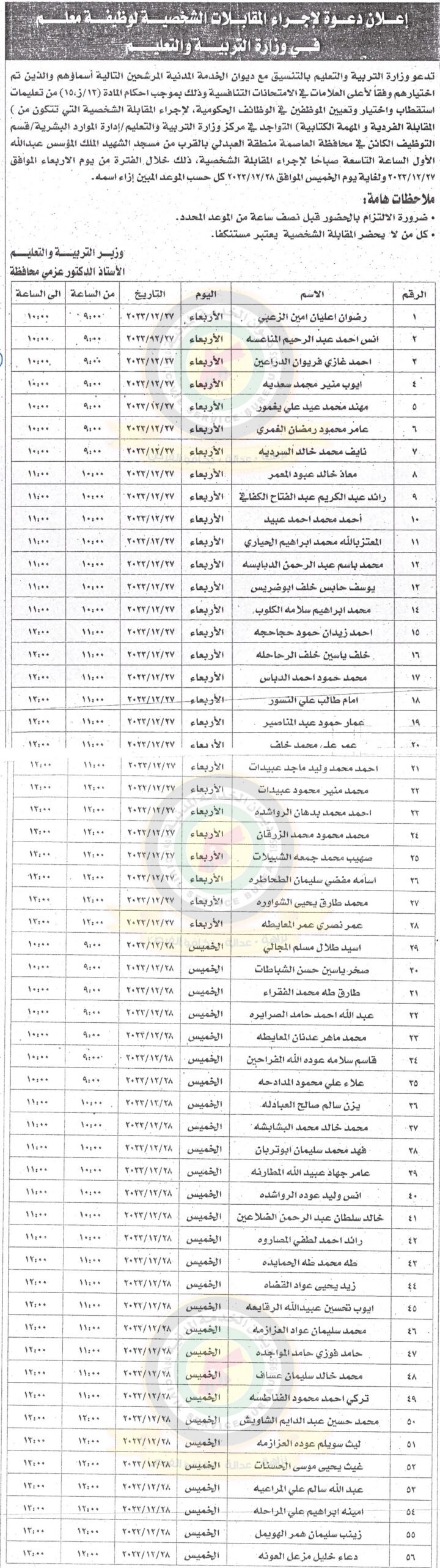 إعلان دعوة لإجراء المقابلات الشخصية لوظيفة معلم في وزارة التربية والتعليم