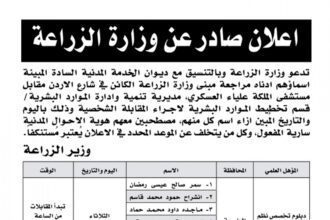 اعلان مقابلة شخصية يوم الثلاثاء الموافق 19-12-2023 تبدأ المقابلات من الساعة العاشرة صباحا صادرعن وزارة الزراعة