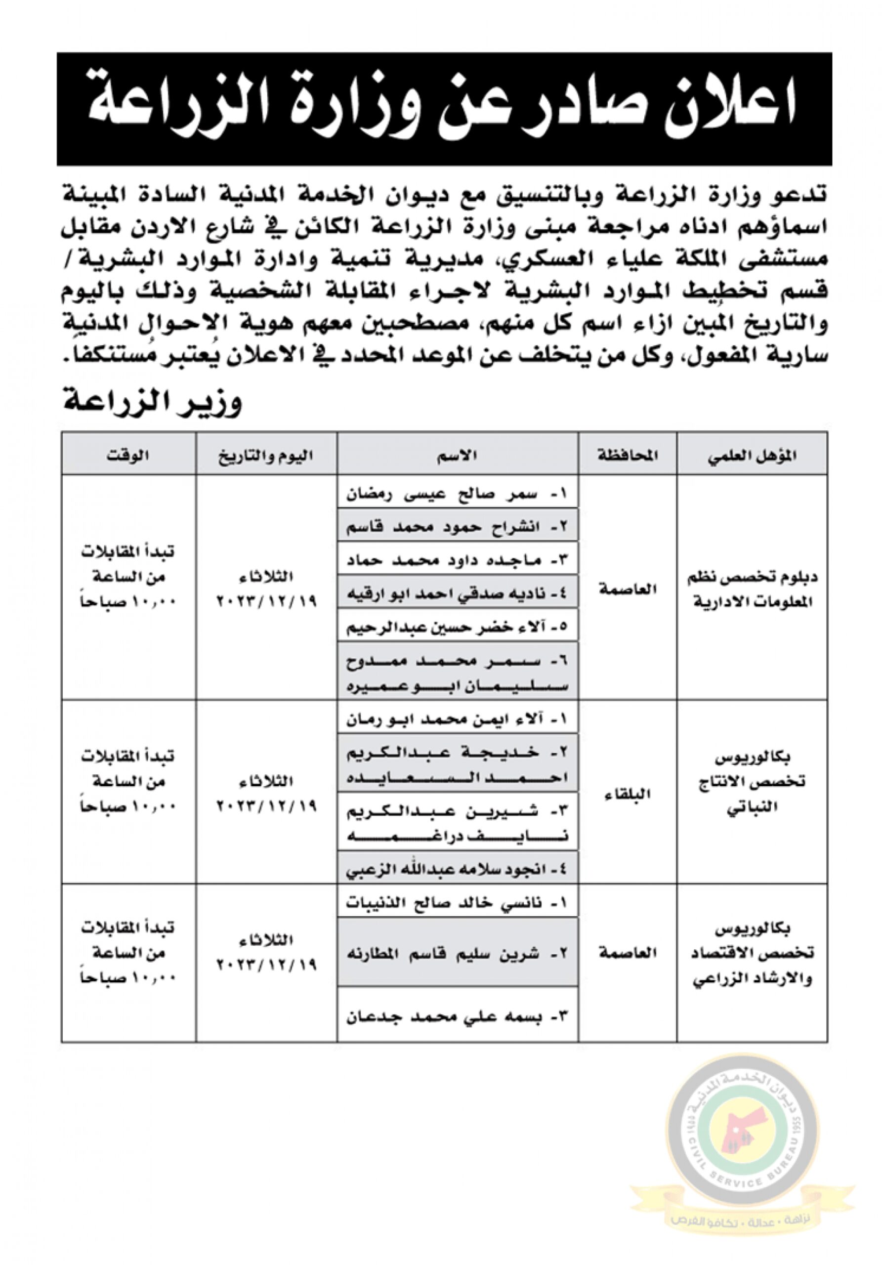 اعلان مقابلة شخصية يوم الثلاثاء الموافق 19-12-2023 تبدأ المقابلات من الساعة العاشرة صباحا صادرعن وزارة الزراعة