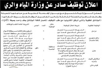 اعلان وظائف شاغرة بالفئة الثالثة صادرعن وزارة المياه والري