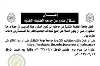 اعلان تعيين اعضاء هيئة تدريسية صادرعن جامعة الطفيلة التقنية