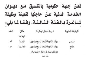 اعلان وظائف شاغرة بالفئة الثالثة صادرعن جهة حكومية