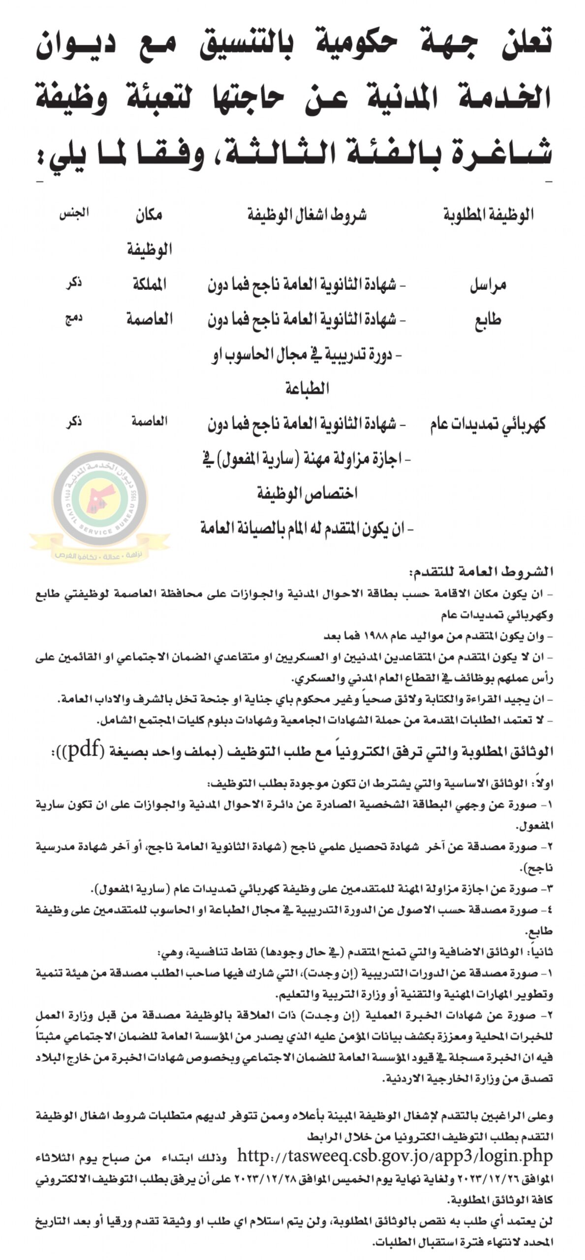 اعلان وظائف شاغرة بالفئة الثالثة صادرعن جهة حكومية