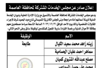 اعلان مقابلة شخصية يوم الأحد الموافق 31-12-2023 في تمام الساعة التاسعة صباحا صادر عن مجلس الخدمات المشتركة لمحافظة العاصمة