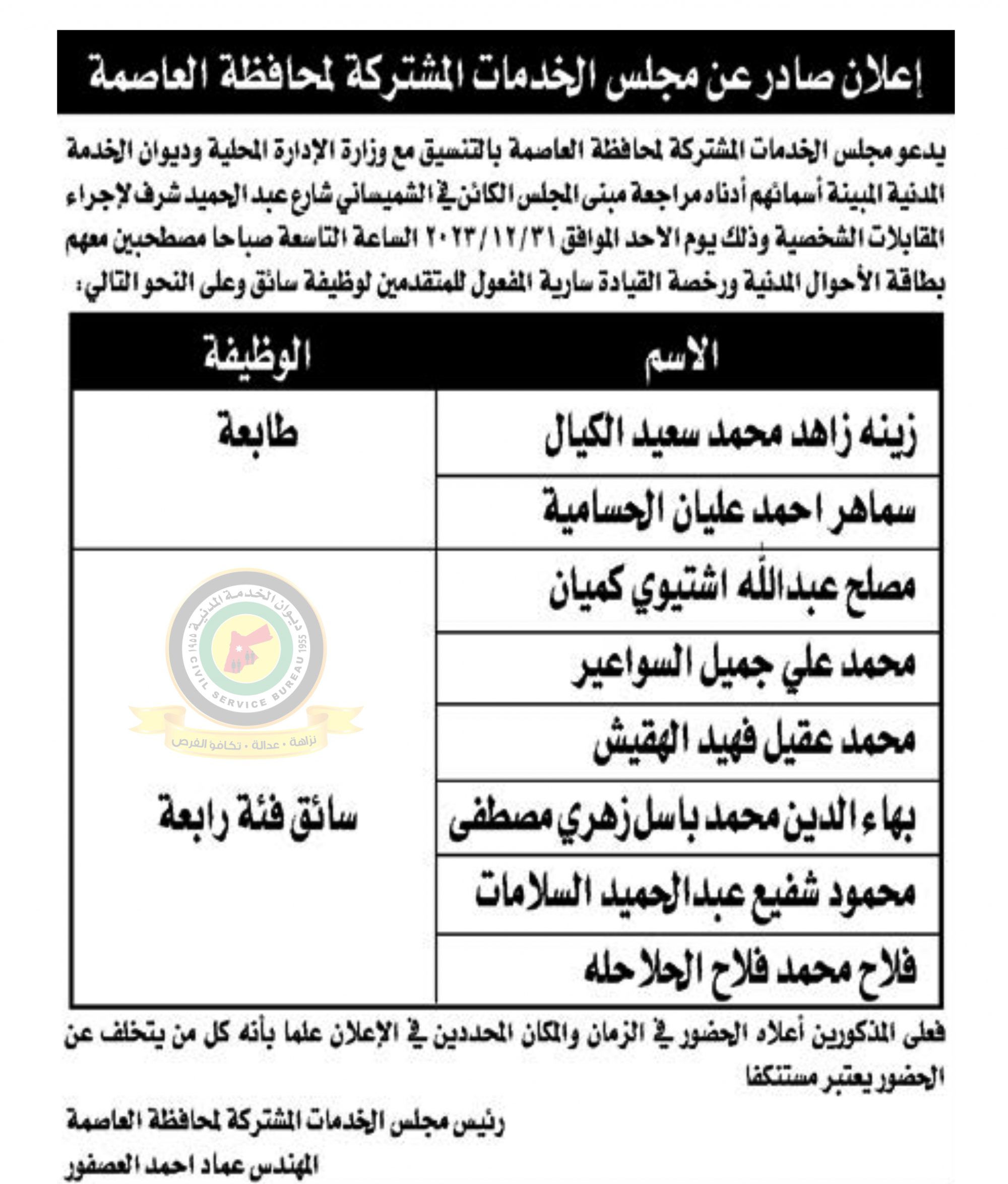 اعلان مقابلة شخصية يوم الأحد الموافق 31-12-2023 في تمام الساعة التاسعة صباحا صادر عن مجلس الخدمات المشتركة لمحافظة العاصمة
