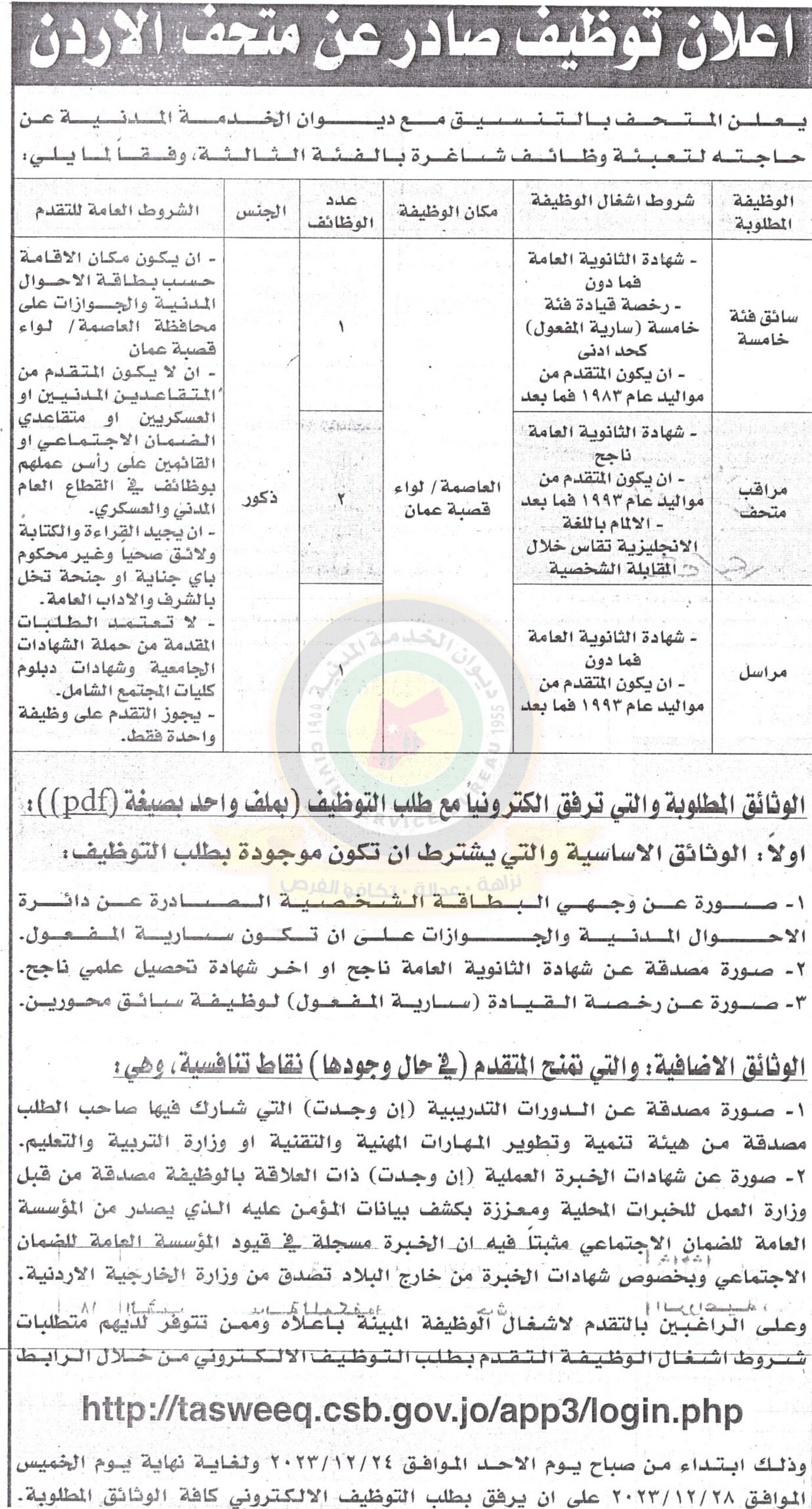 إعلان صادر عن متحف الأردن لحاجته لتعبئة شواغر بالفئة الثالثة