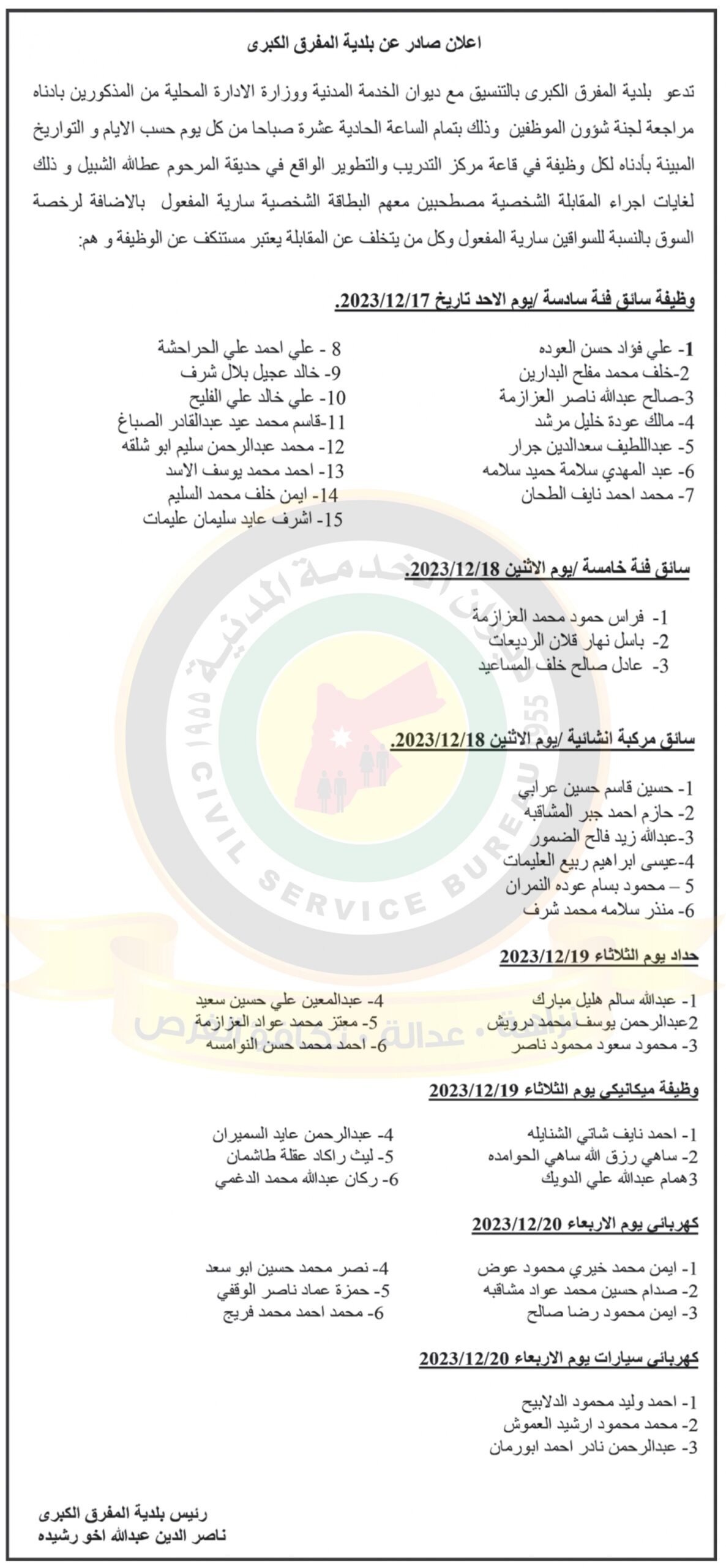اعلان مقابلات شخصية صادر عن بلدية المفرق الكبرى