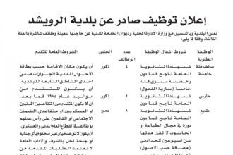 اعلان وظائف شاغرة بالفئة الثالثة صادرعن بلدية الرويشد