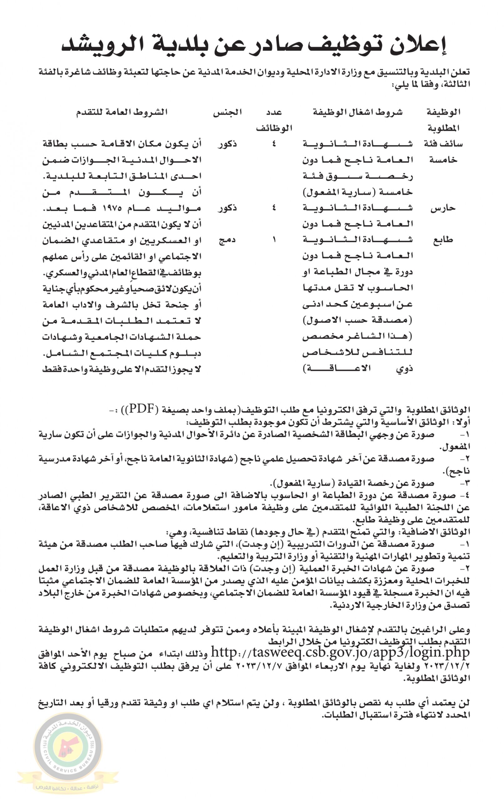 اعلان وظائف شاغرة بالفئة الثالثة صادرعن بلدية الرويشد
