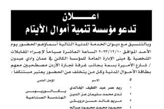 اعلان مقابلة شخصية يوم الأحد الموافق 10-12-2023 في تمام الساعة العاشرة صباحا صادر عن مؤسسة تنمية أموال الأيتام