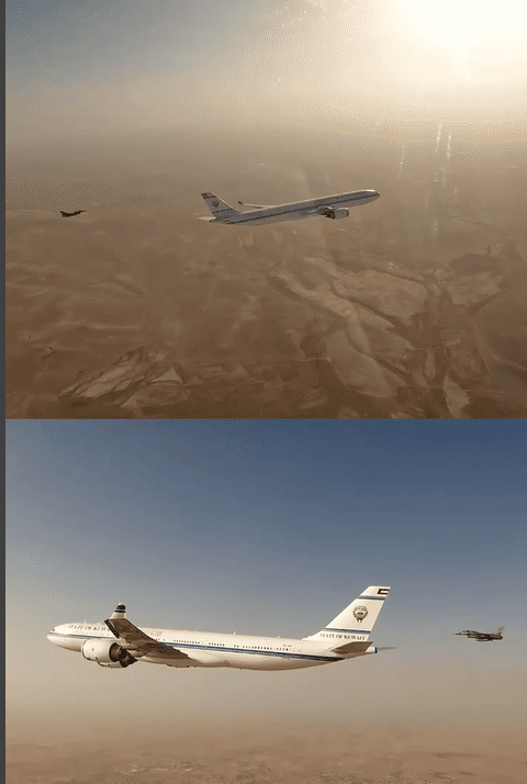 شاهد... طيار أردني يرحب بطائرته المقاتلة بأمير دولة الكويت أثناء دخول طائرته الأجواء الأردنية