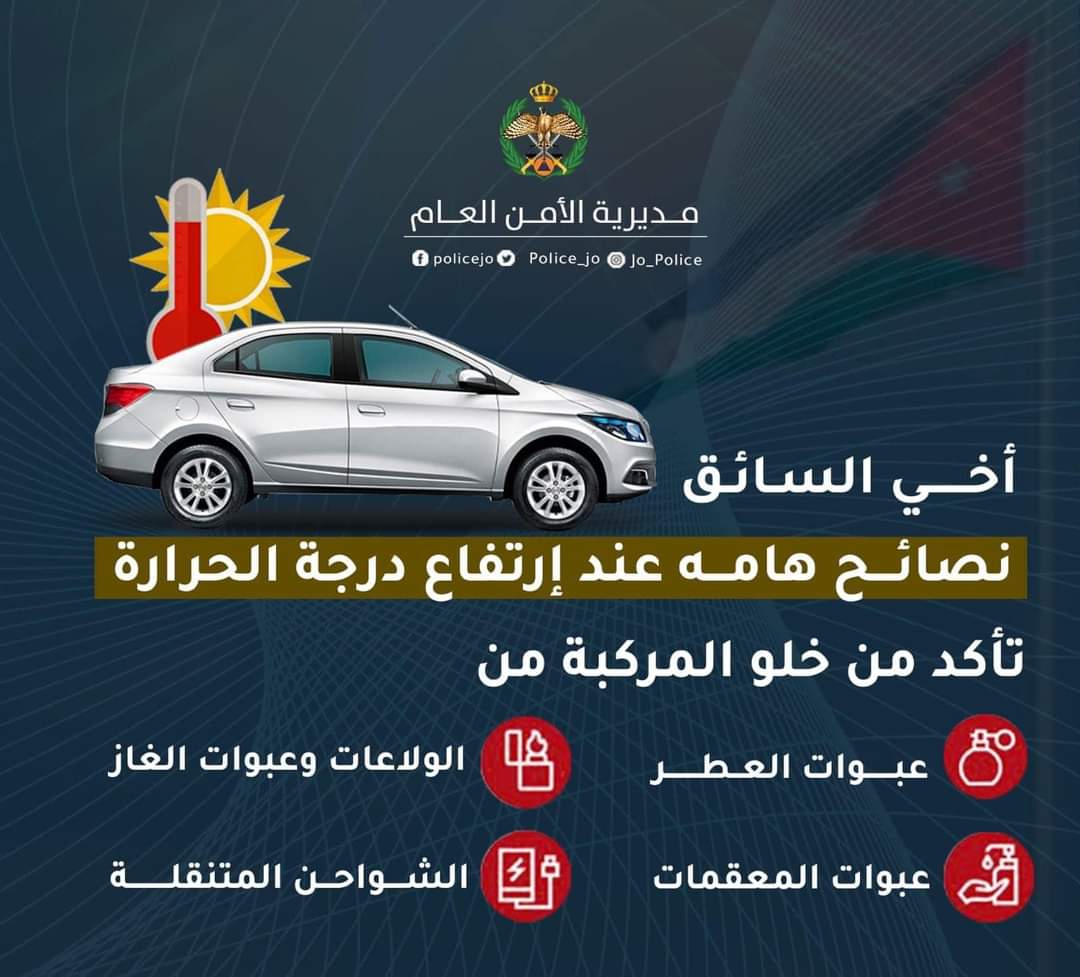 مديرية الأمن العام تُجدد تحذيراتها من ارتفاع درجات الحرارة وتدعو لاتباع إجراءات الوقاية اللازمة