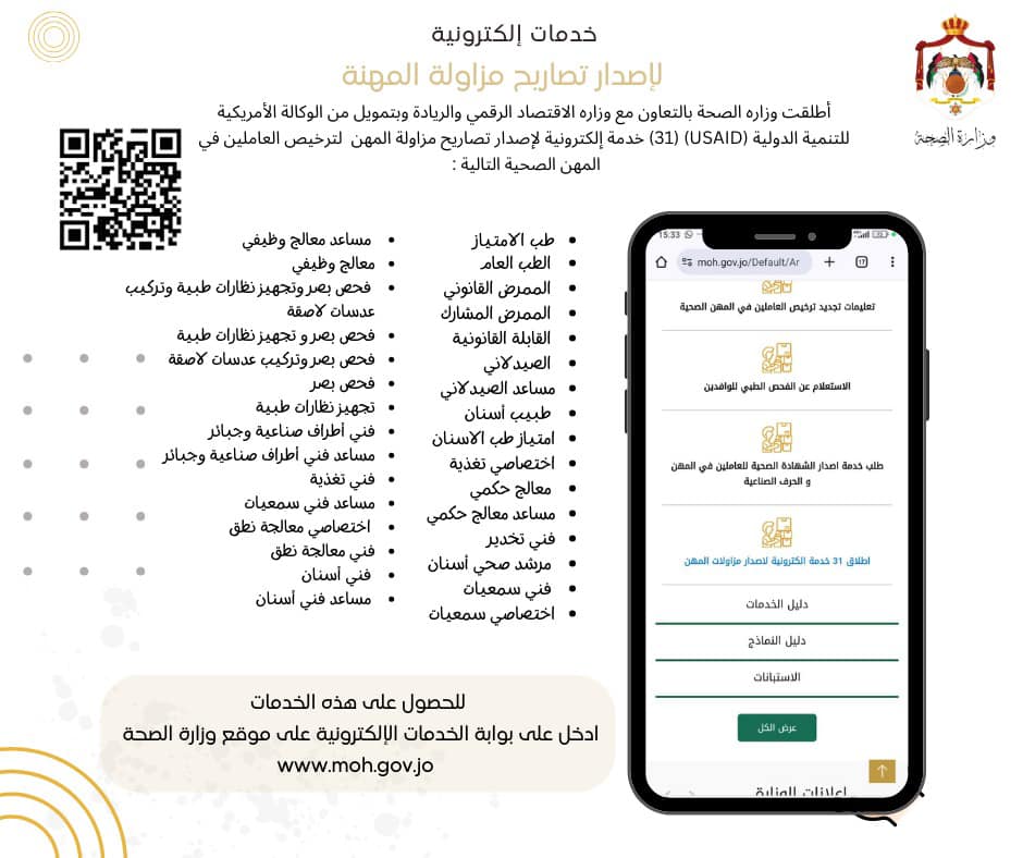 وزارة الصحة تعلن عن إطلاق 31 خدمة إلكترونية لإصدار تصاريح مزاولة مهن