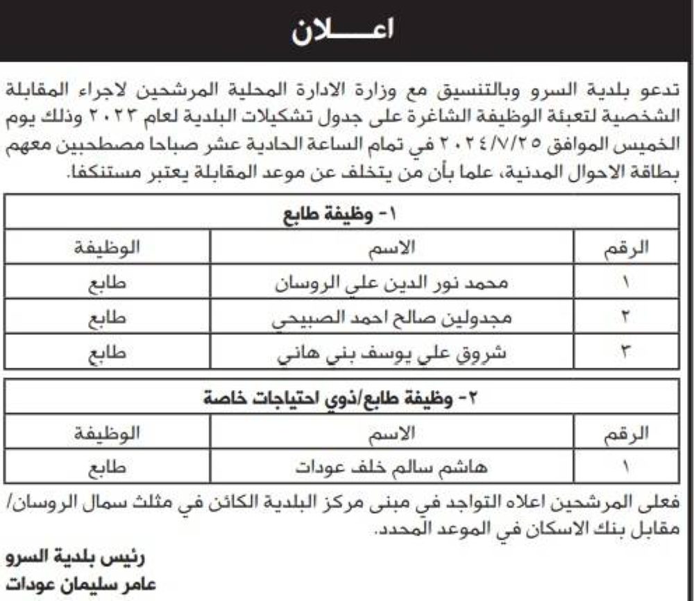 وظائف شاغرة ومدعوون للتعيين – أسماء