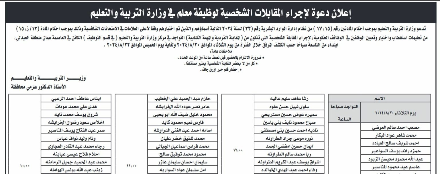 مقابلات شخصية لإشغال وظيفة معلم .. أسماء
