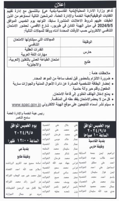 مدعوون لحضور الامتحان التنافسي واجراء المقابلات الشخصية- أسماء