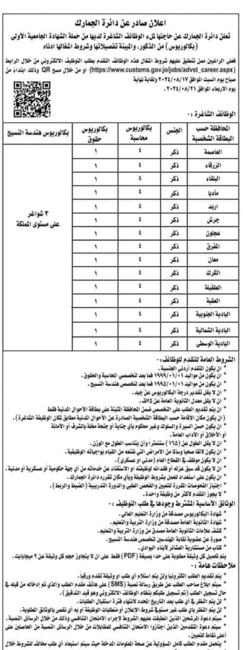 وظائف شاغرة في الجمارك للذكور فقط