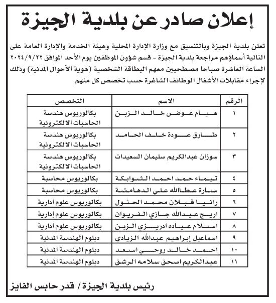 وظائف شاغرة ومدعوون لإجراء المقابلات (أسماء)