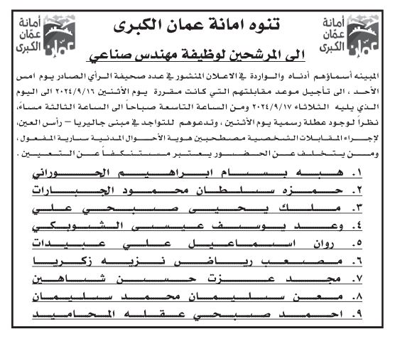 وظائف شاغرة ومدعوون للمقابلات الشخصية (أسماء)