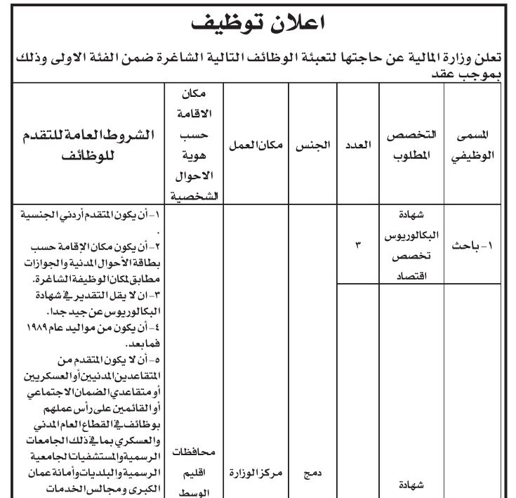 الوزارة المالية تدعو لوظيفة شاغرة