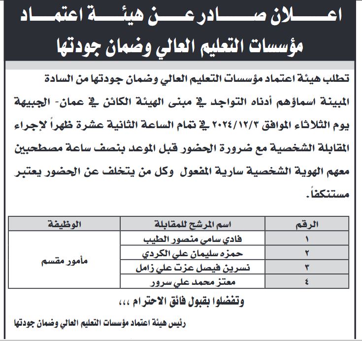 مدعوون لإجراء المقابلات والامتحان التنافسي (أسماء)