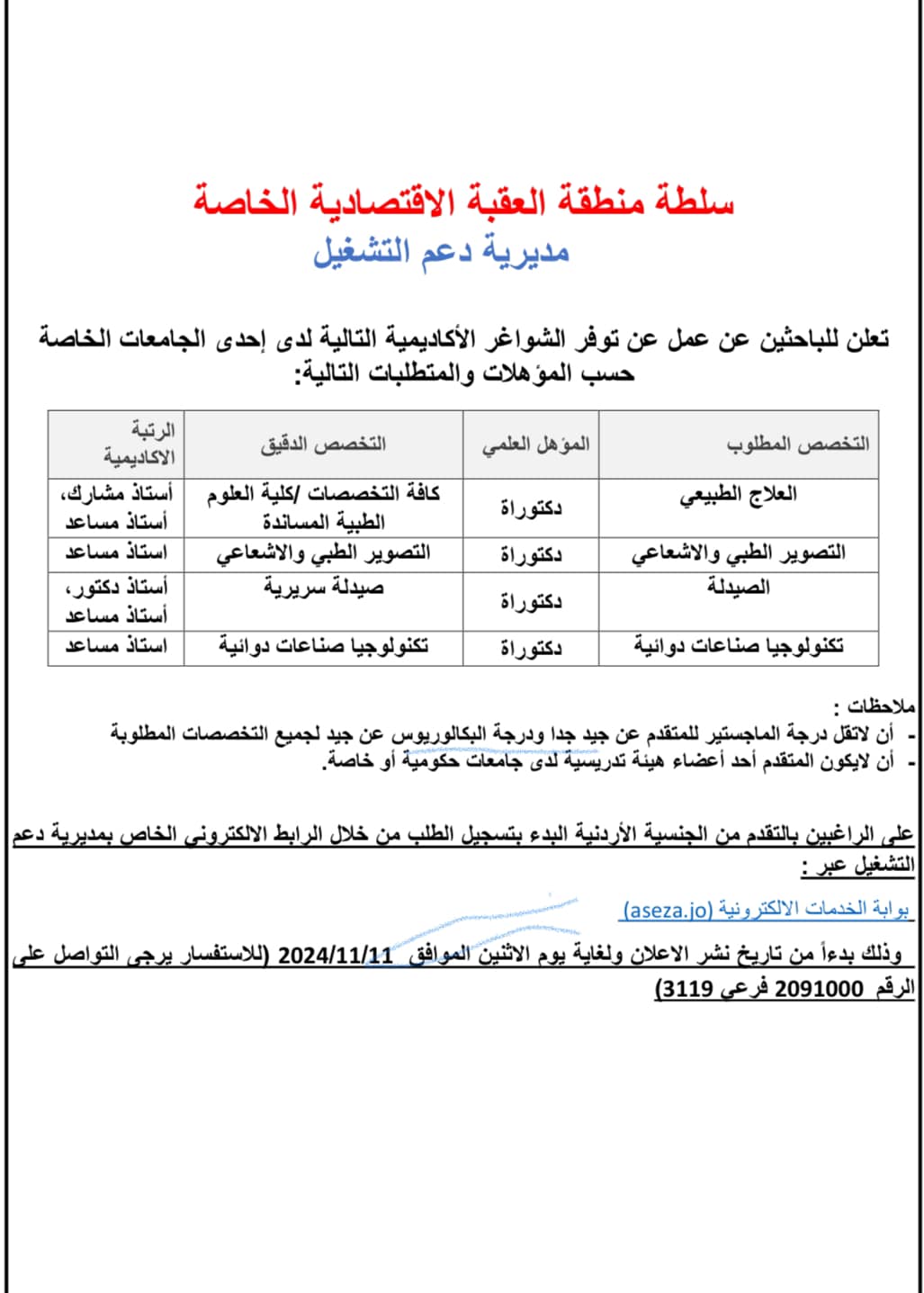 العقبة تعلن عن شواغر أكاديمية في إحدى الجامعات الخاصة
