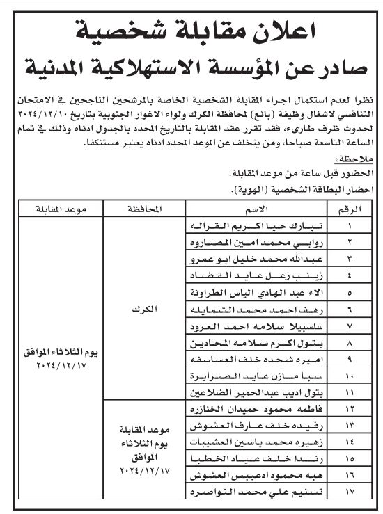 فرص عمل ومدعوون للمقابلات الشخصية (أسماء)
