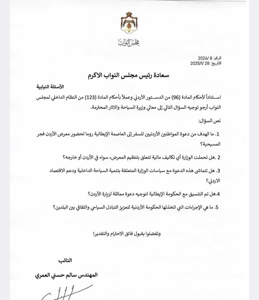 النائب العمري يدعو الوزيرة  عناب توضيح دعوتها للاردنيين للسفر الى ايطاليا