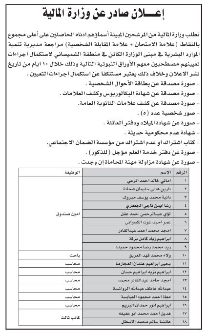 مدعوون للمقابلات واستكمال إجراءات التعيين (أسماء)