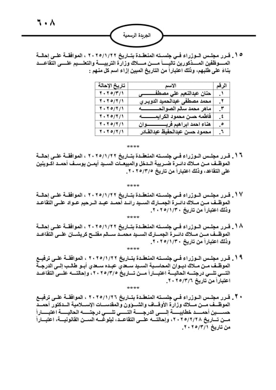 بالإسماء قرارات جديدة بشأن تقاعد وترفيع موظفين في الحكومة