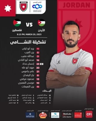 النشامى في مواجهة الفدائي.. التشكيلة الأساسية للأردن أمام فلسطين