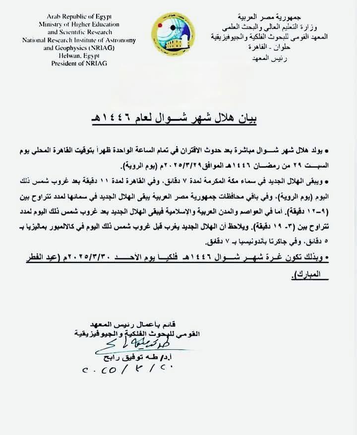 مصر : الأحد أول أيام عيد الفطر فلكياً - وثبقة