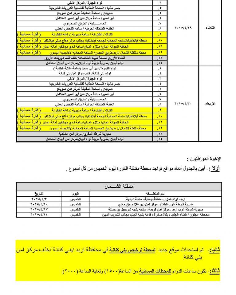 مواعيد العمل بجولات الترخيص المتنقل في شهر نيسان