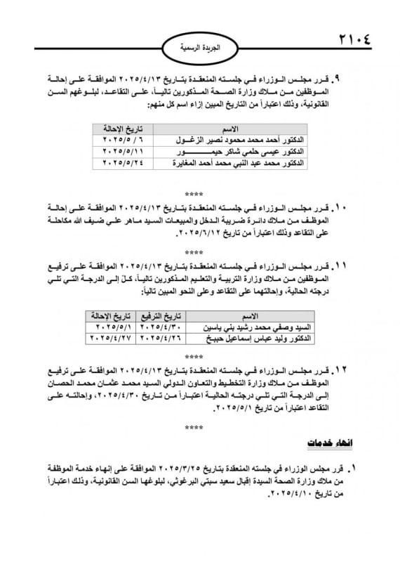 إحالات على التقاعد وإنهاء خدمات عدد من موظفي الدولة بقرارات رسمية