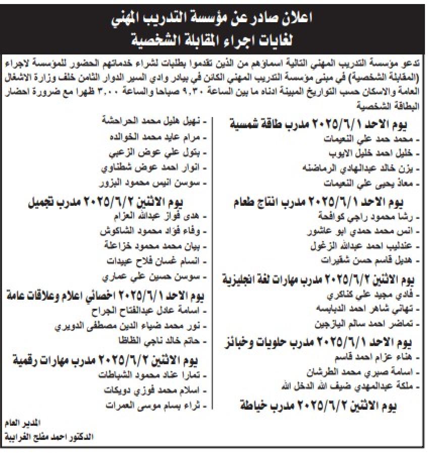 شواغر ومدعوون للمقابلات الشخصية (أسماء)