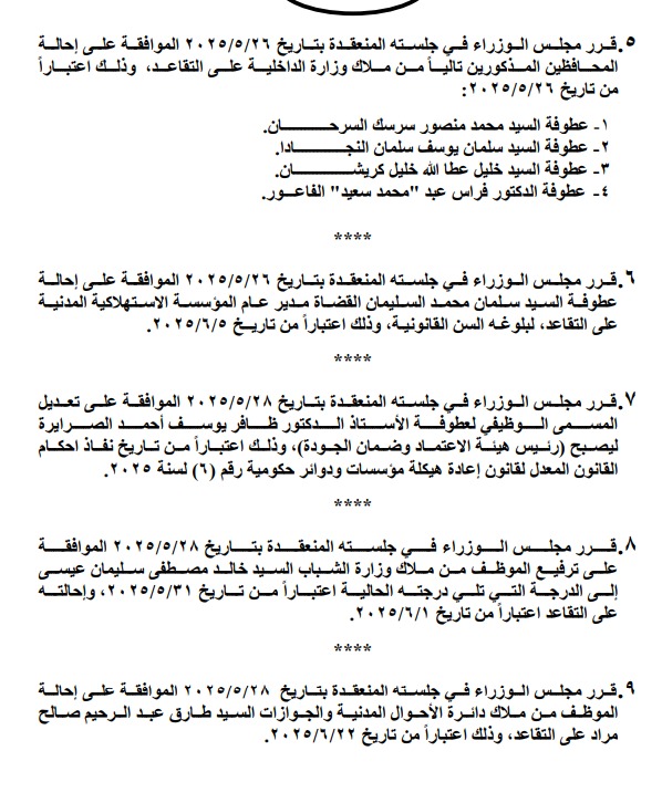 قرارات حكومية بإحالات وترفيعات وتنقلات (أسماء)